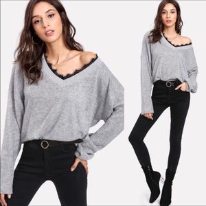Gray Top With Black Lace Trim